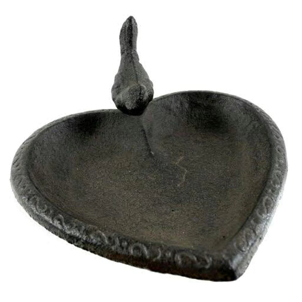 Bain d'oiseaux en fonte cœur avec oiseau