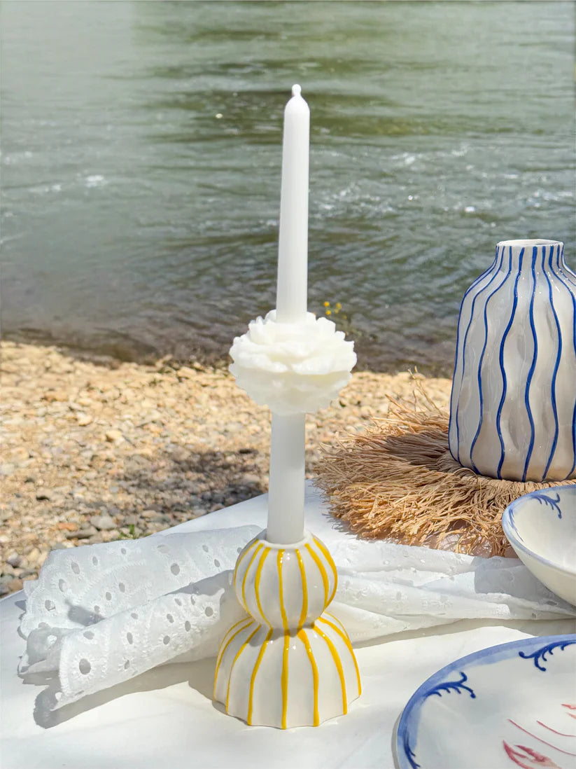 Bougeoir rayé en céramique blanc & jaune