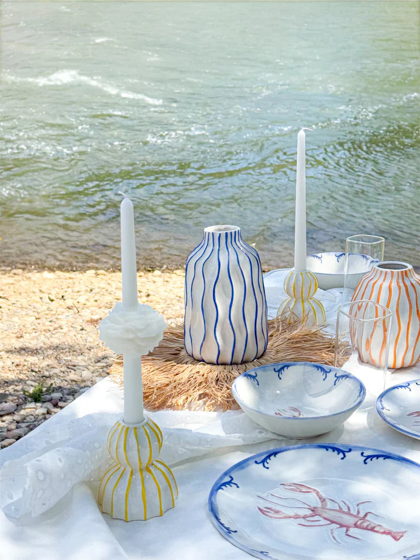 Bougeoir rayé en céramique blanc & jaune