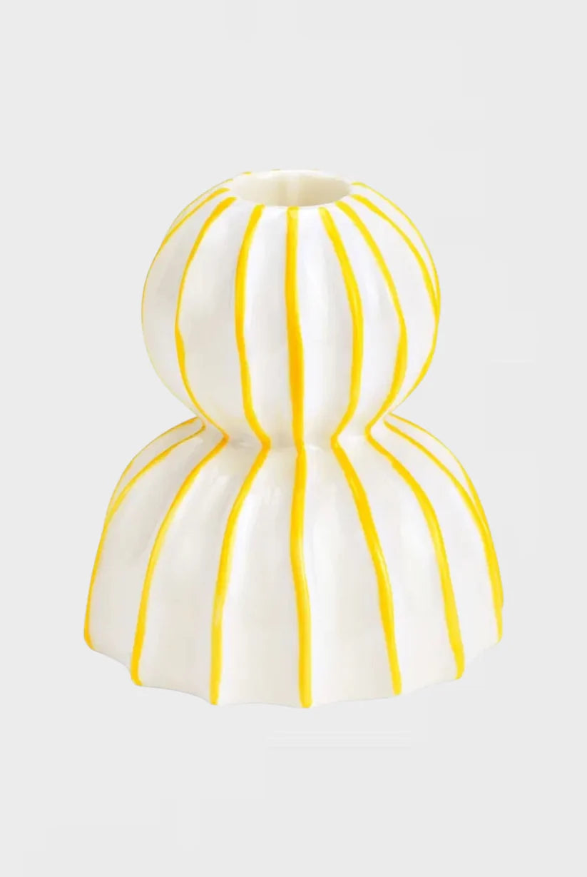 Bougeoir rayé en céramique blanc & jaune
