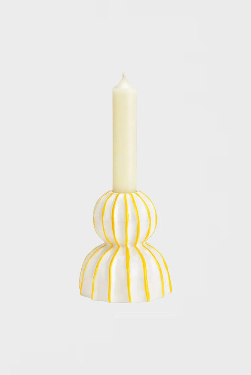 Bougeoir rayé en céramique blanc & jaune pour décorer un petit espace
