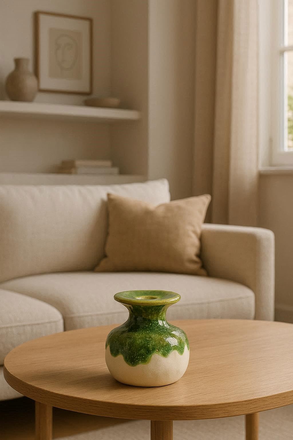 Bougeoir en céramique vert posé sur une table basse en bois
