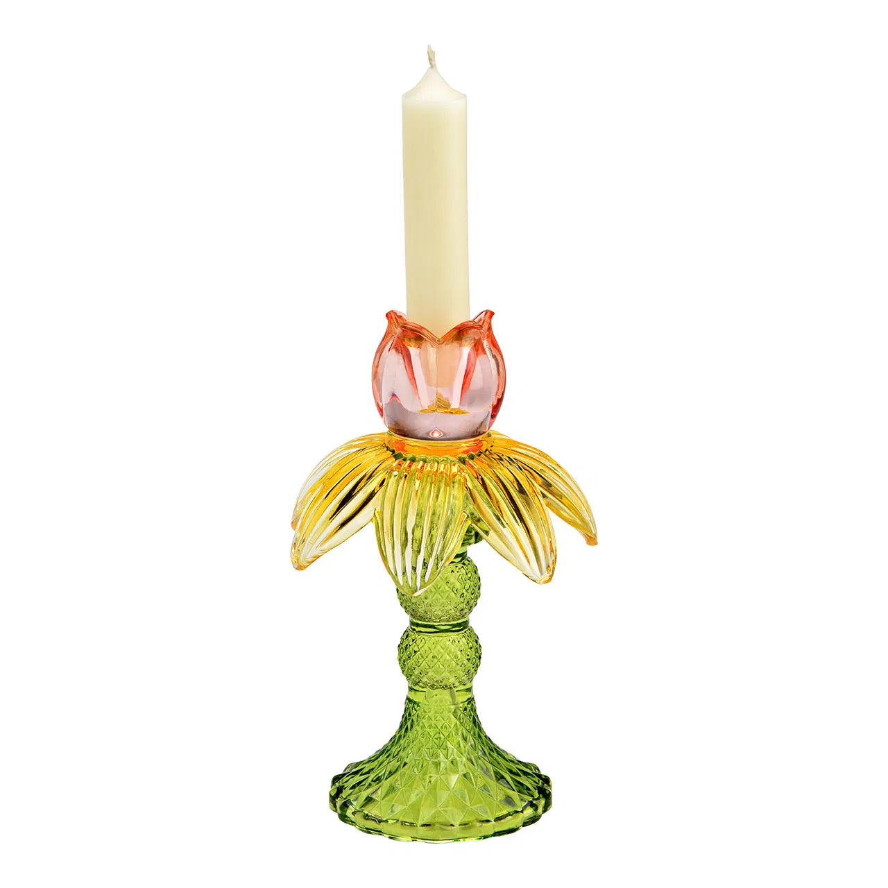 Bougeoir tulipe en verre — vert, jaune & rose