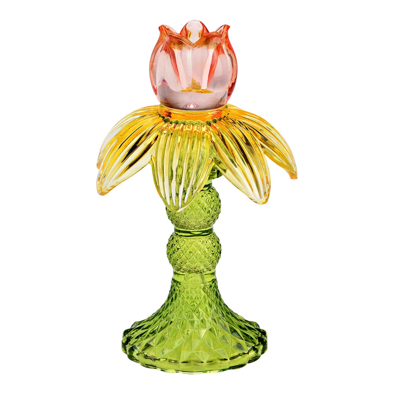 Bougeoir tulipe en verre — vert, jaune & rose