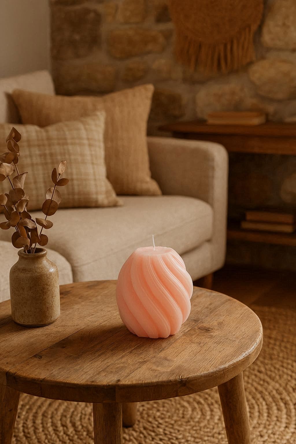 Bougie torsadée rose sur une table basse en bois