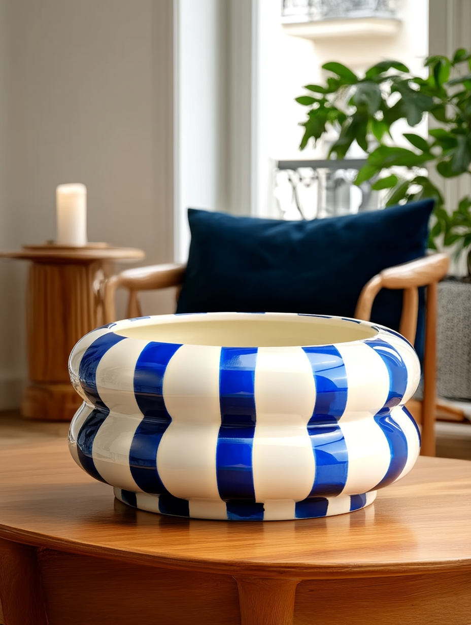 Cache-Pot Céramique Rayé Bleu & Blanc