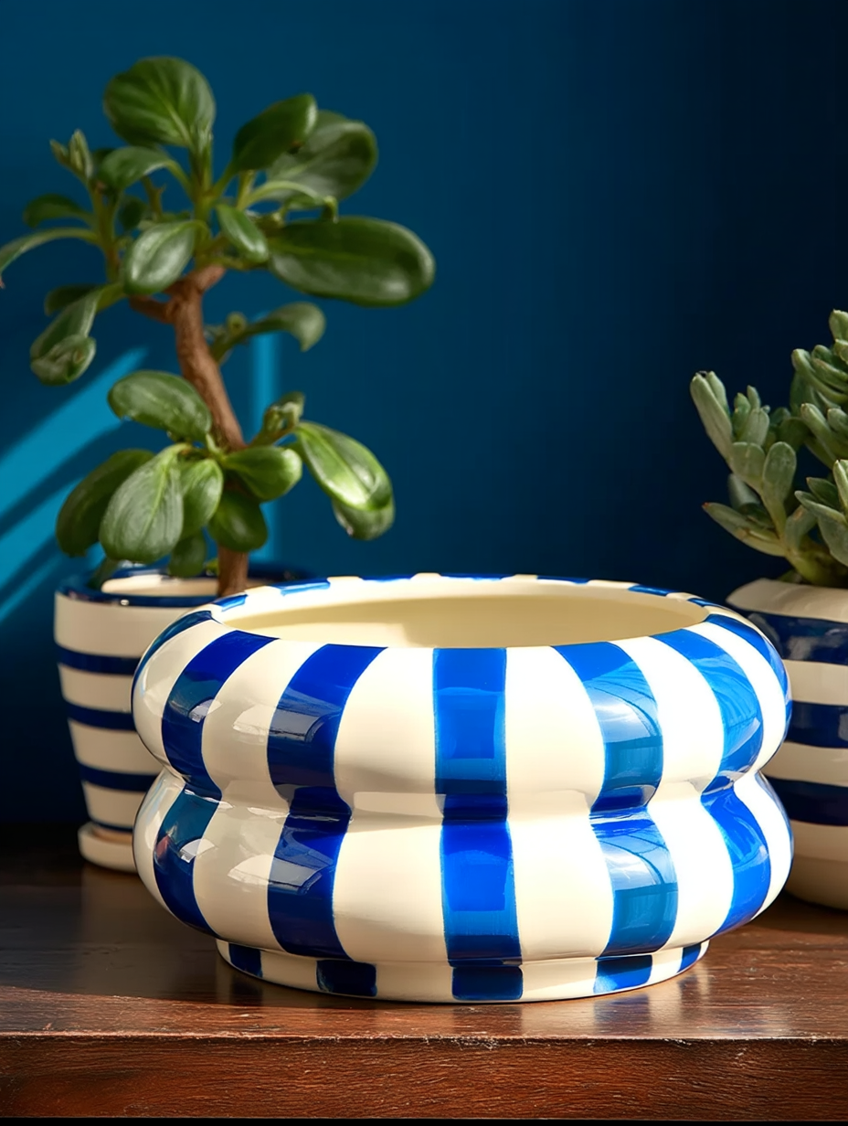 Cache-Pot Céramique Rayé Bleu & Blanc