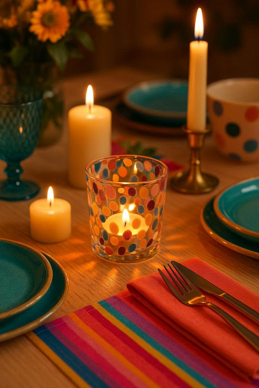 Photophore en verre à pois multicolores