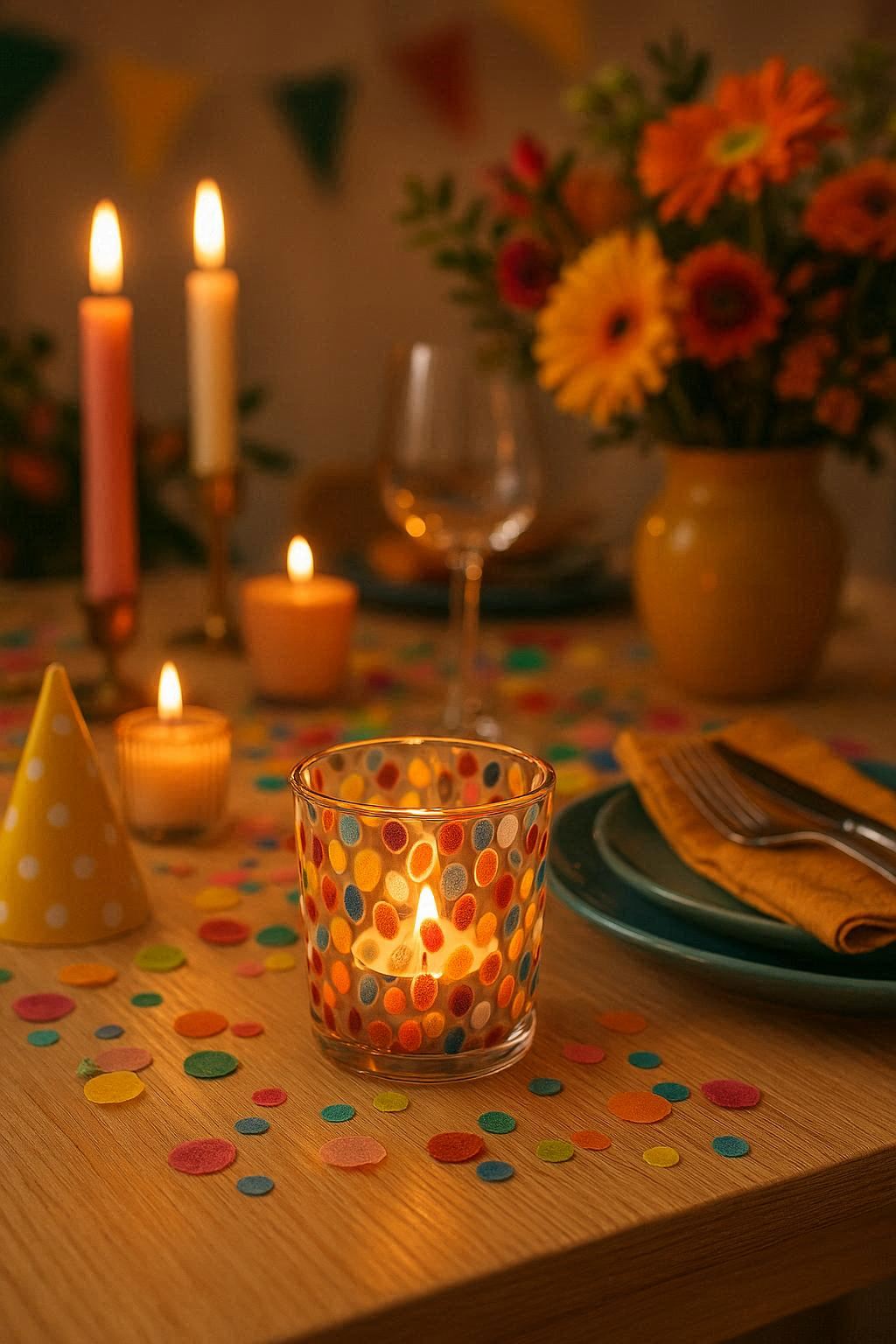 Photophore en verre à pois multicolores