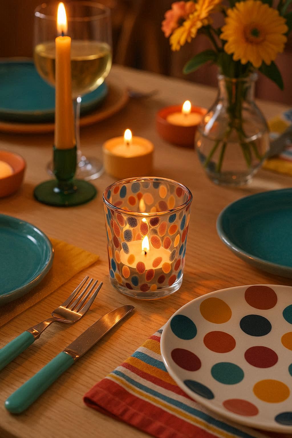 Photophore en verre à pois multicolores