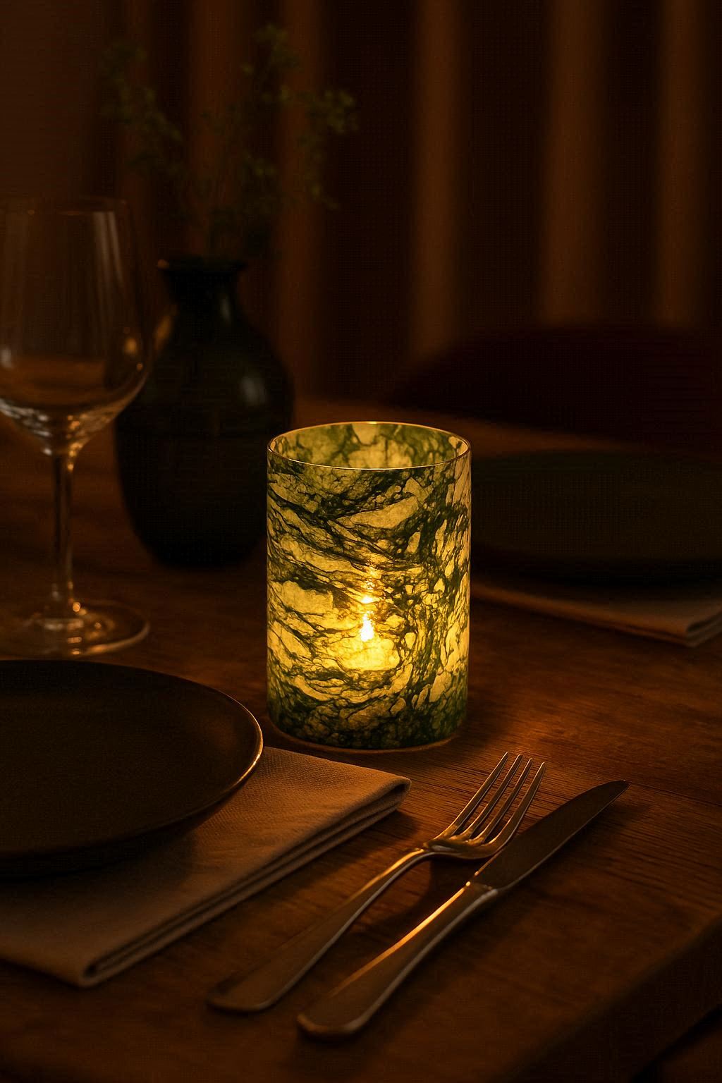 Photophore en verre marbré vert pour ambiance automnale et Halloween