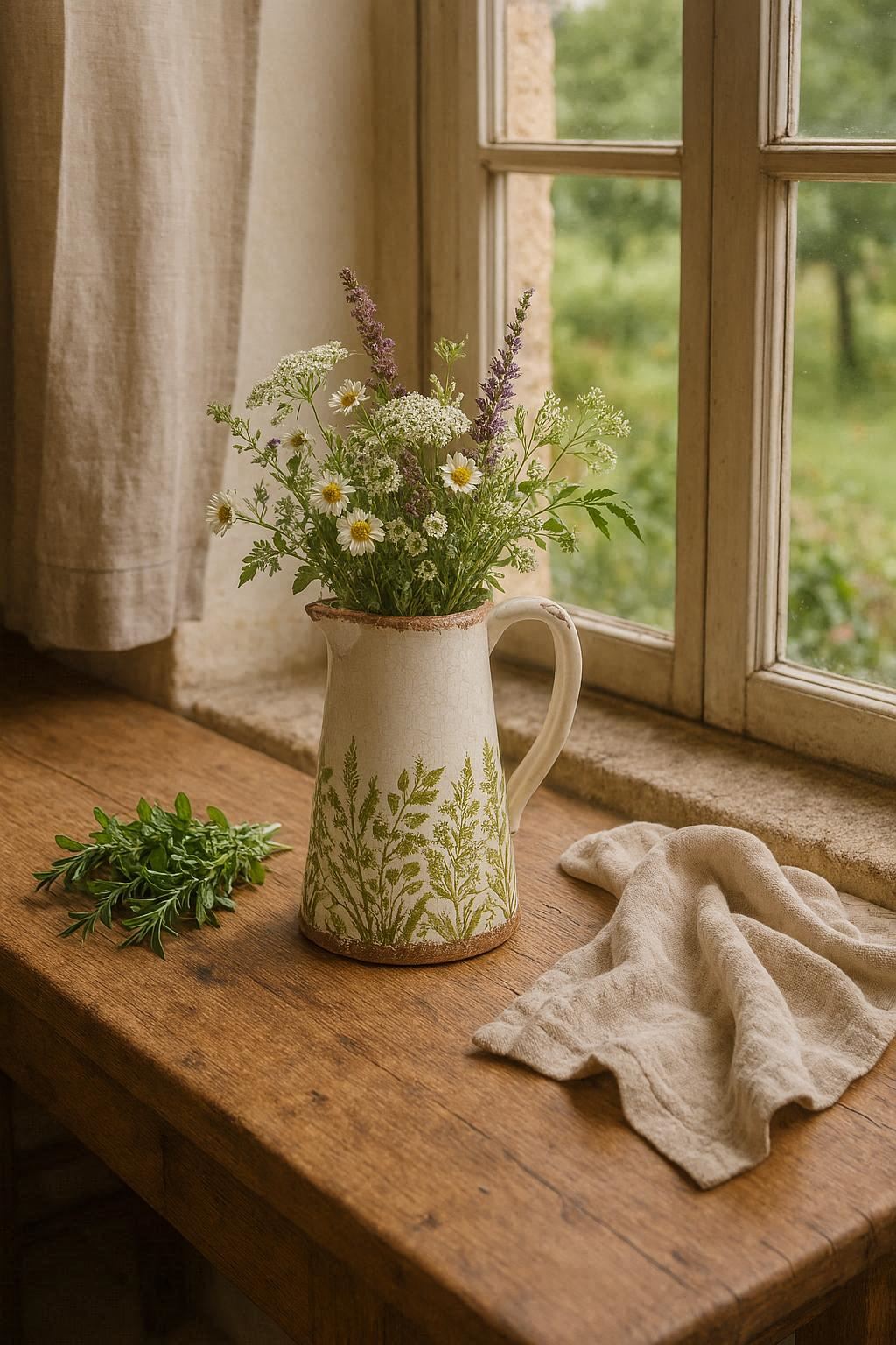 Pichet en céramique crème & vert