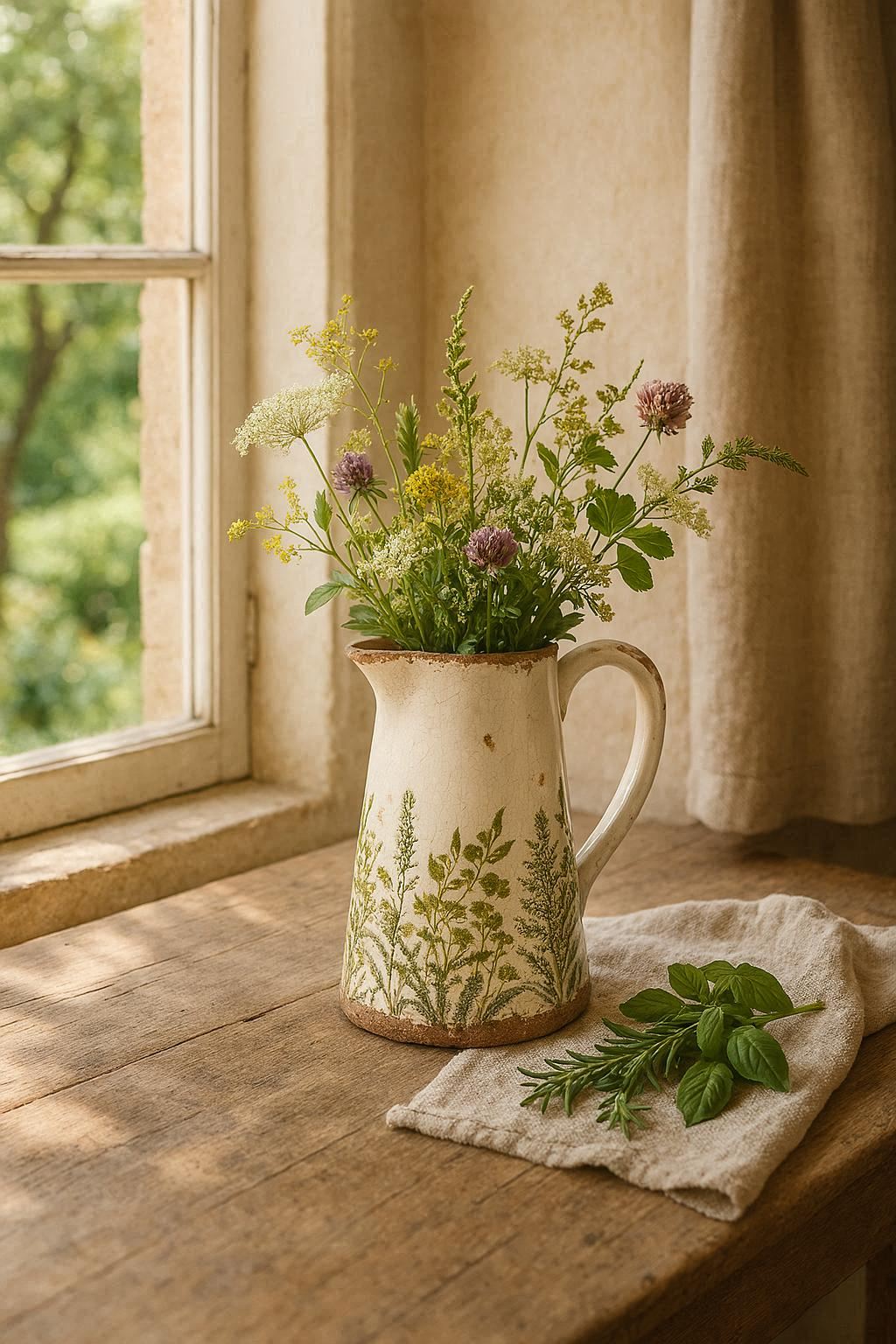 Pichet en céramique crème et vert avec fleurs sauvages