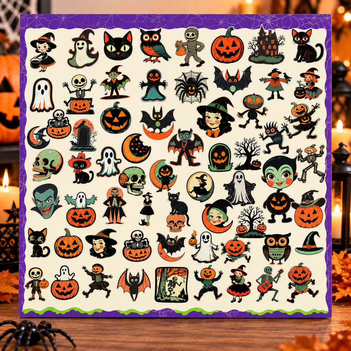 Lot de 64 stickers Halloween rétro en vinyle