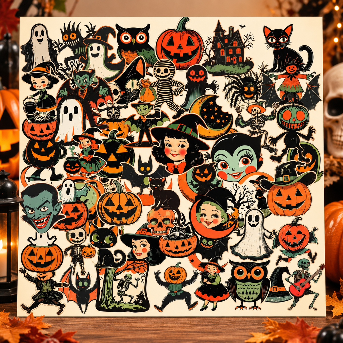 Lot de 64 stickers Halloween rétro en vinyle
