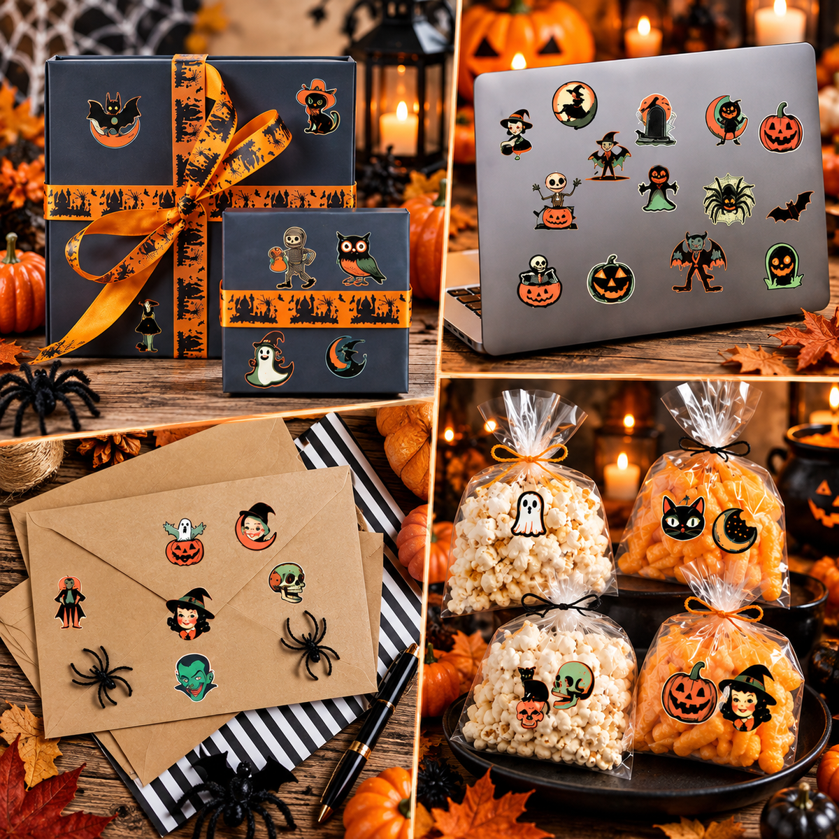 Lot de 64 stickers Halloween rétro en vinyle