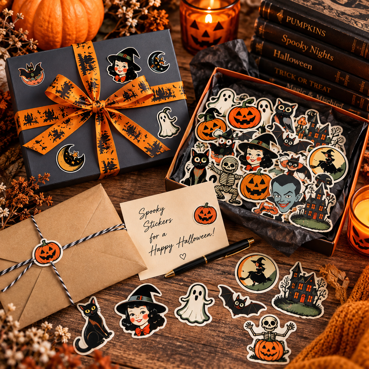 Lot de 64 stickers Halloween rétro en vinyle