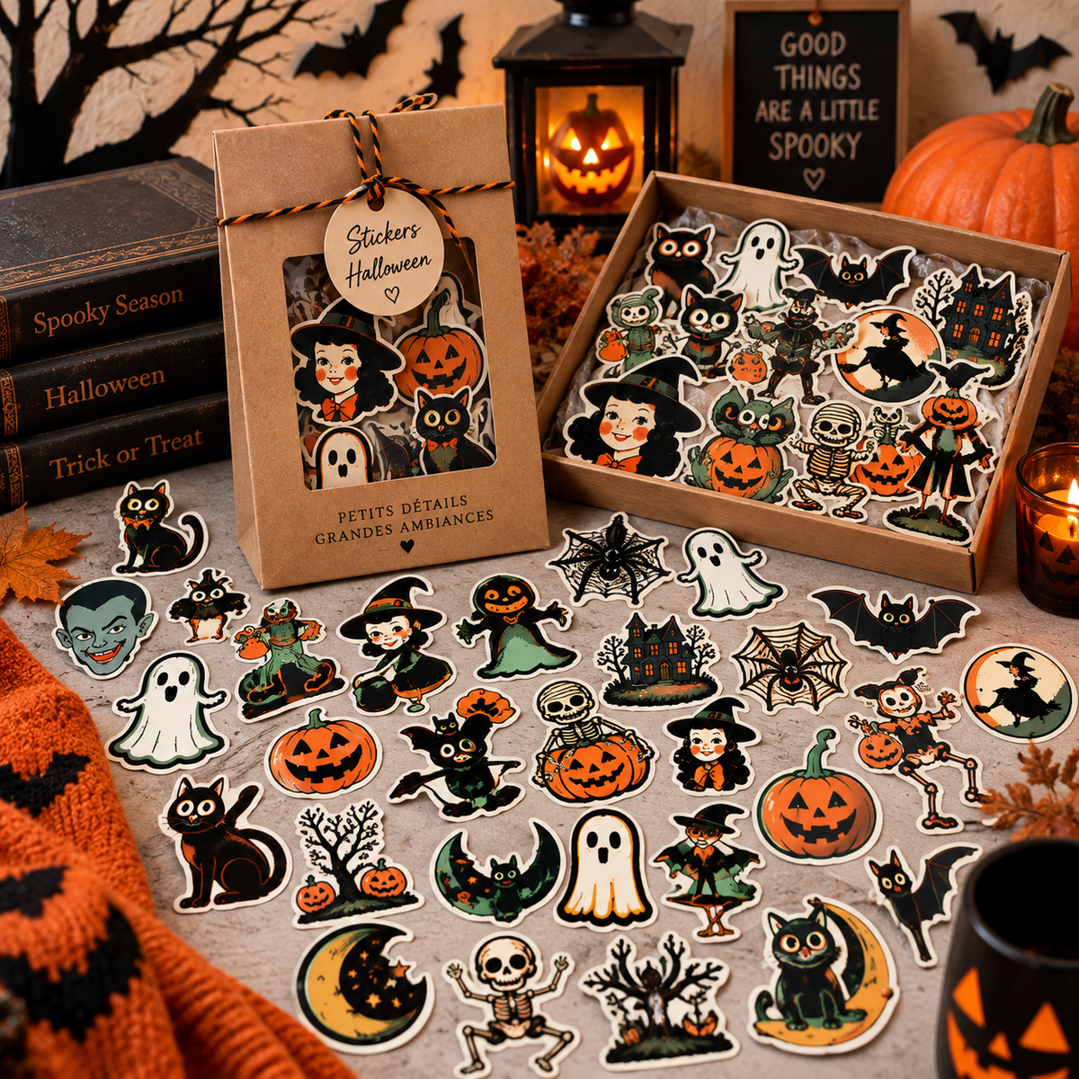 Lot de 64 stickers Halloween rétro en vinyle