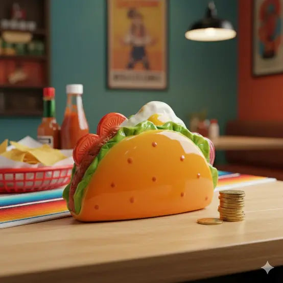 Tirelire Taco en céramique colorée posée sur une table
