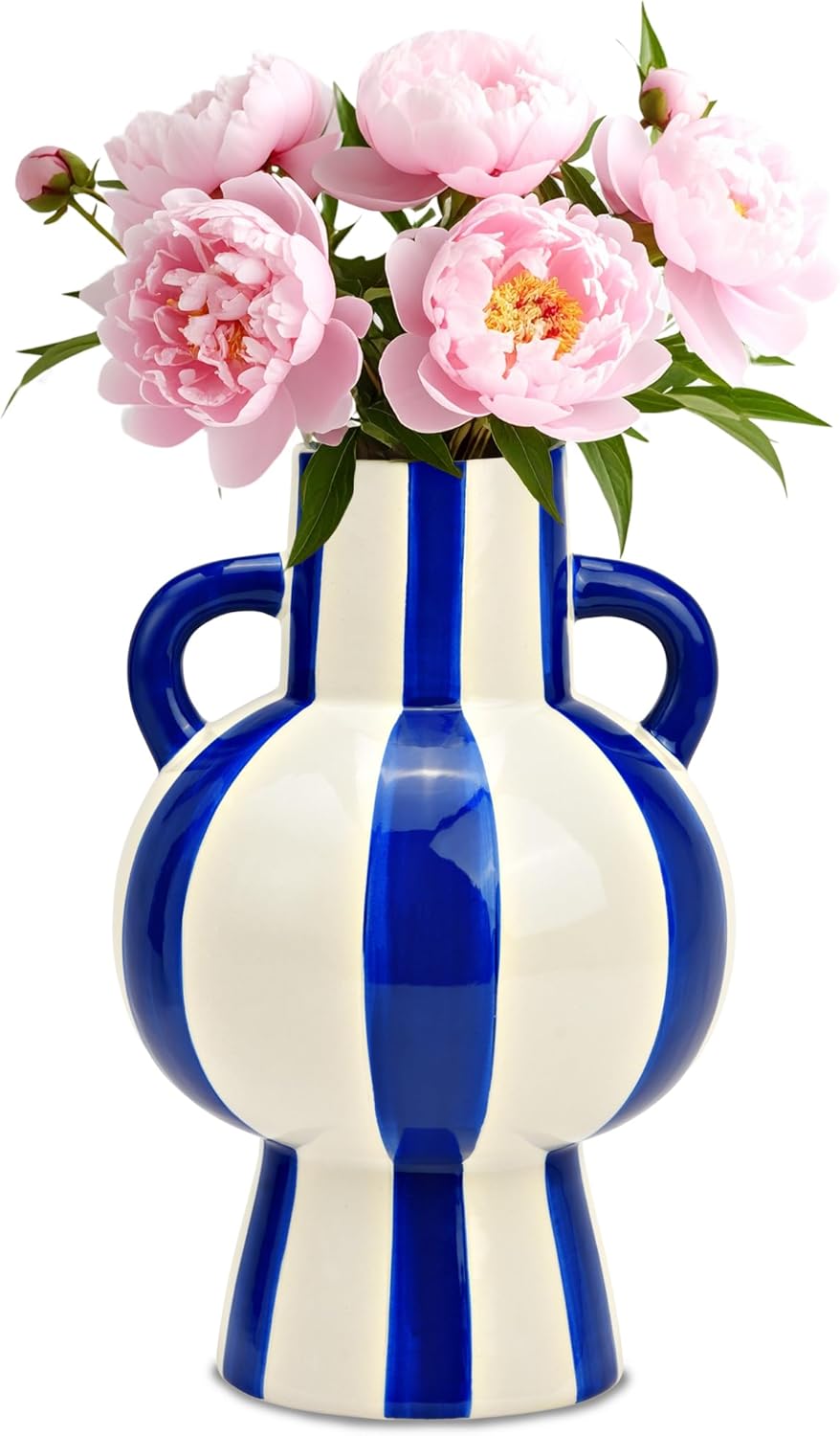 Vase amphore en céramique rayé bleu & blanc