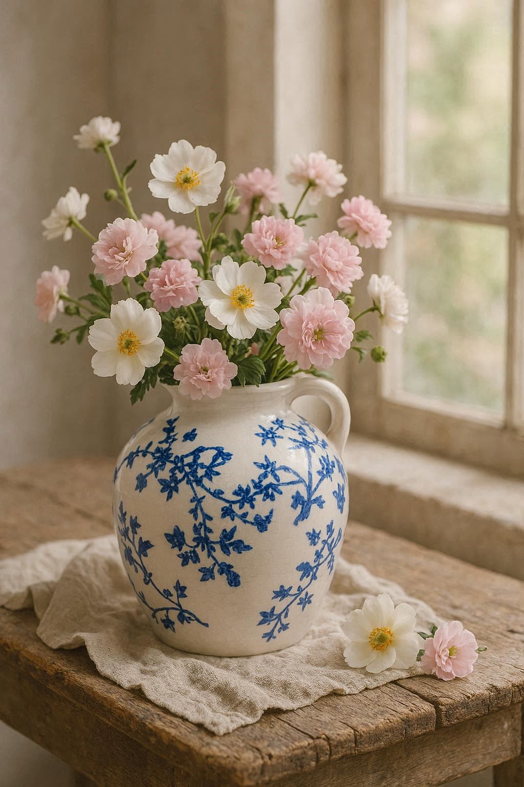 Vase en céramique blanc et bleu motif fleurs avec bouquet rose et blanc