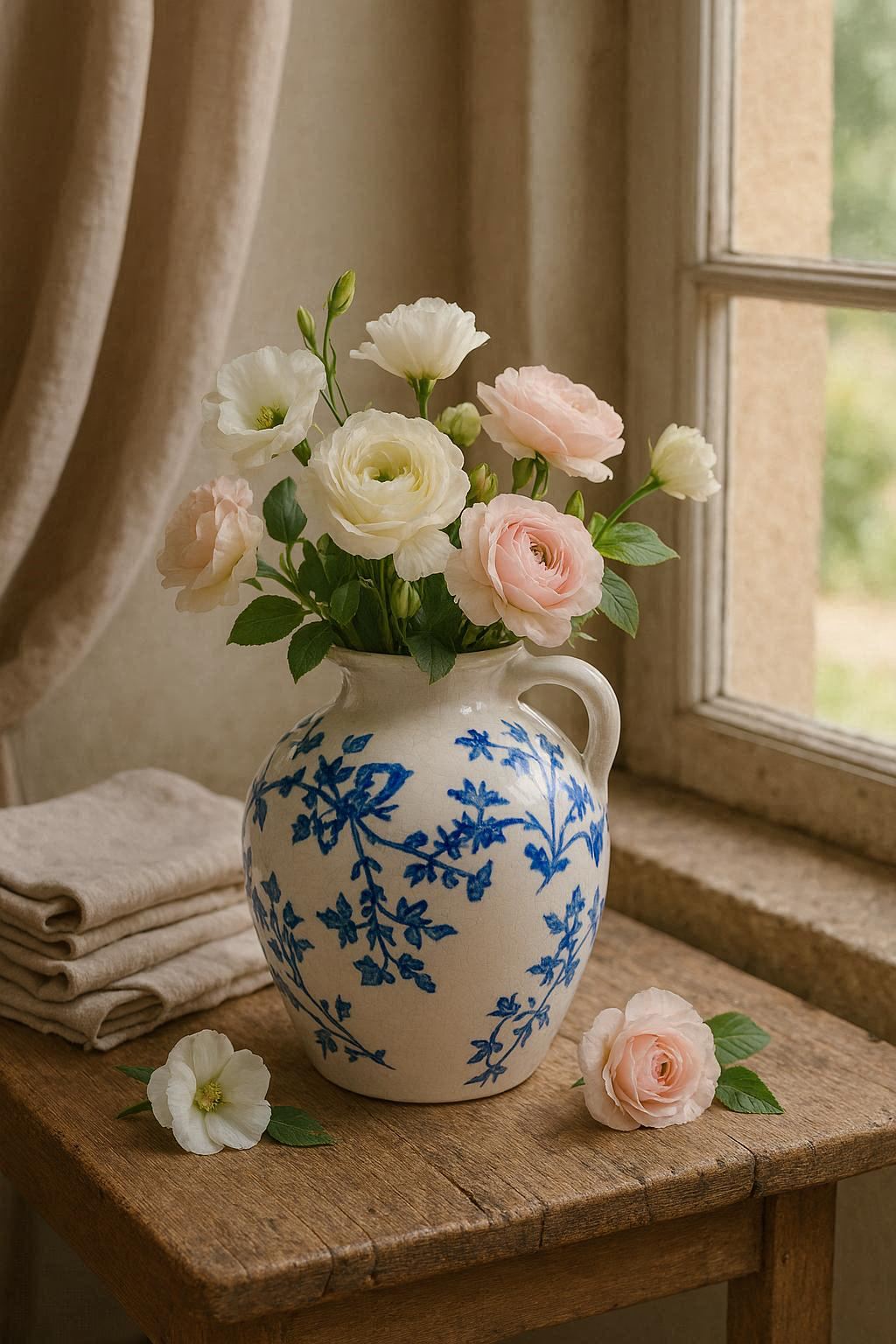 Vase en céramique blanc & bleu motif fleurs