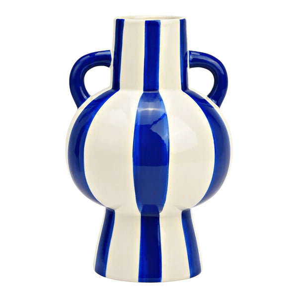 Vase amphore en céramique rayé bleu & blanc