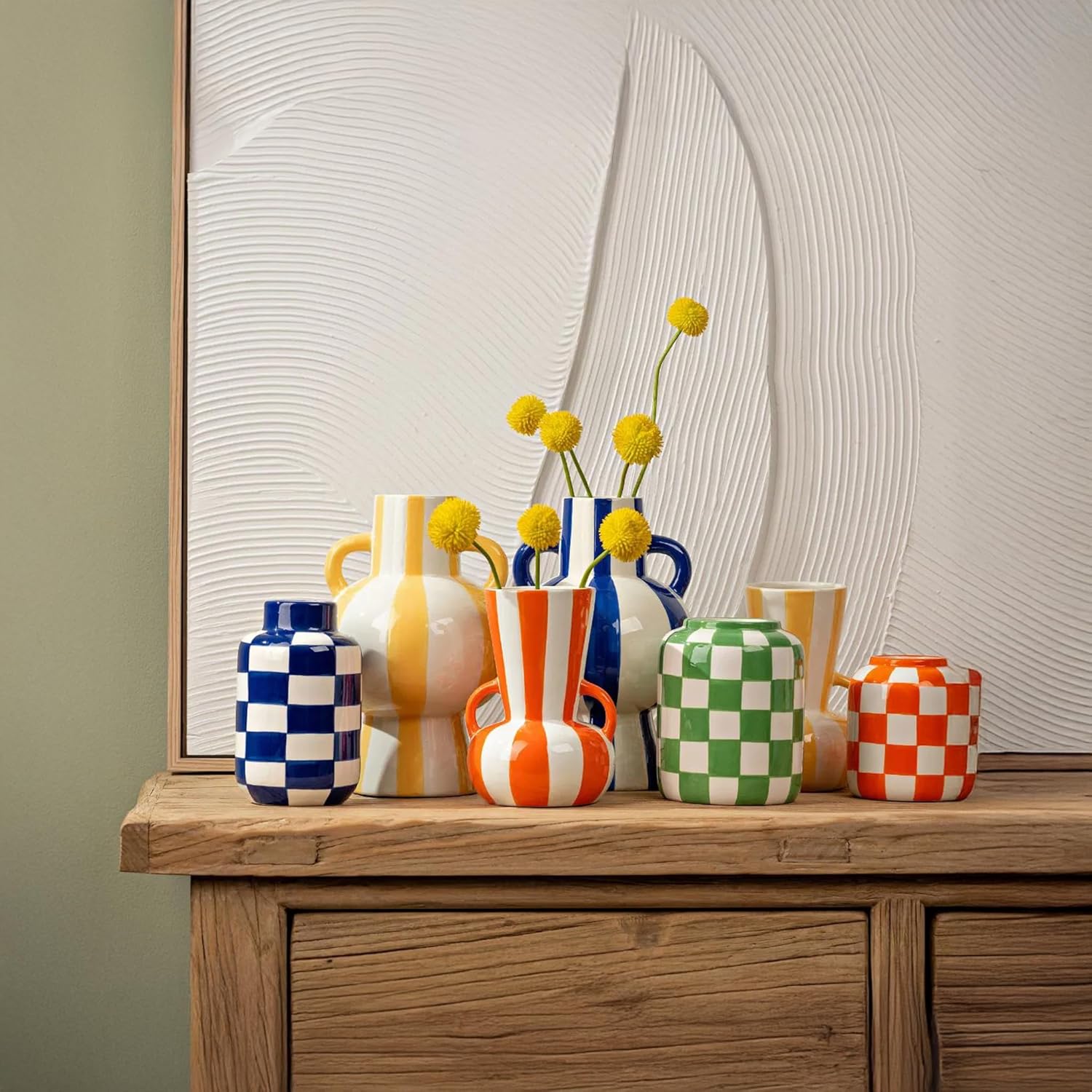 Vase amphore en céramique rayé bleu & blanc